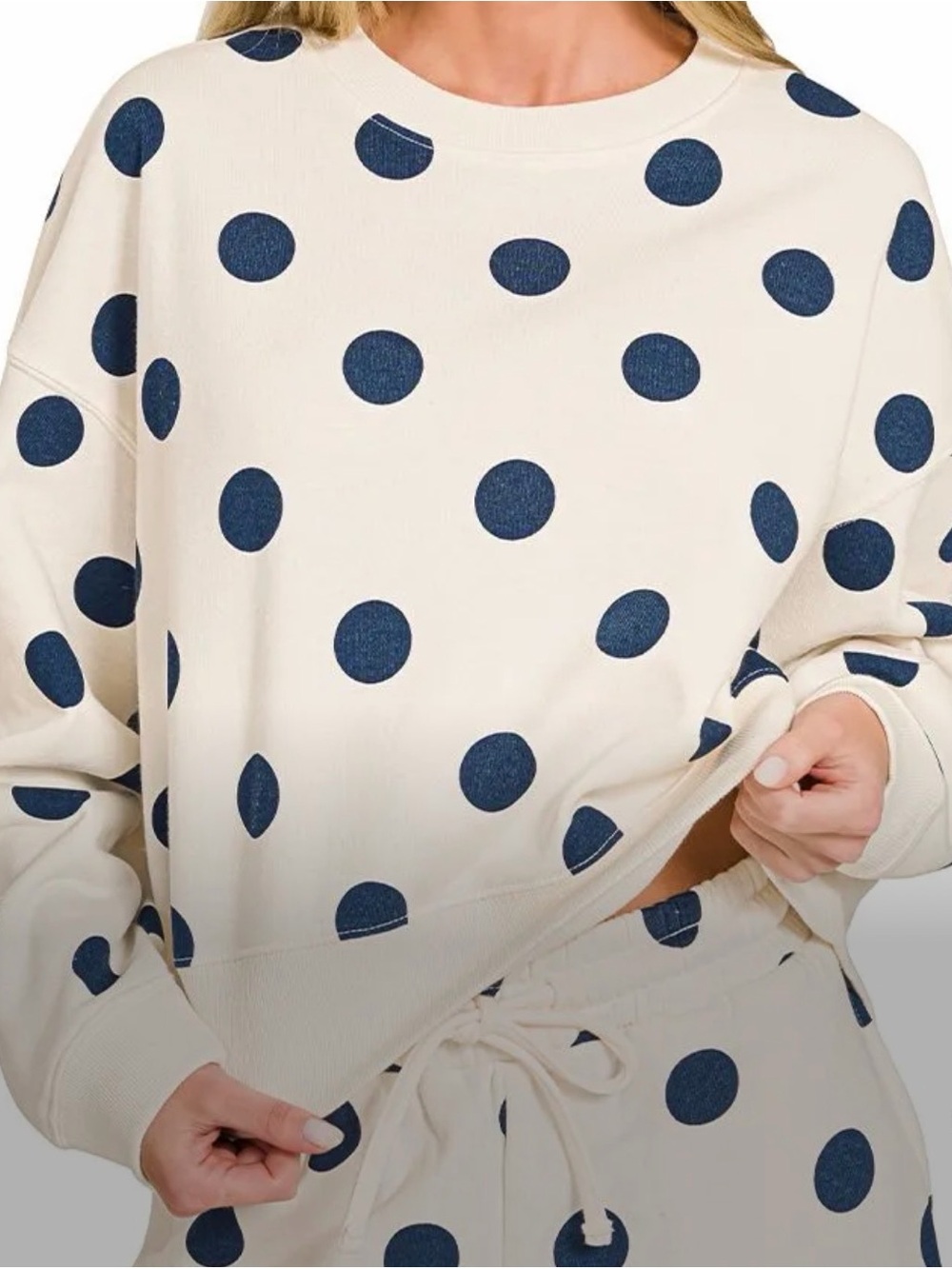 Zenana Outfitters Cream Polka Dot Pullover and shorts with Navy Dots